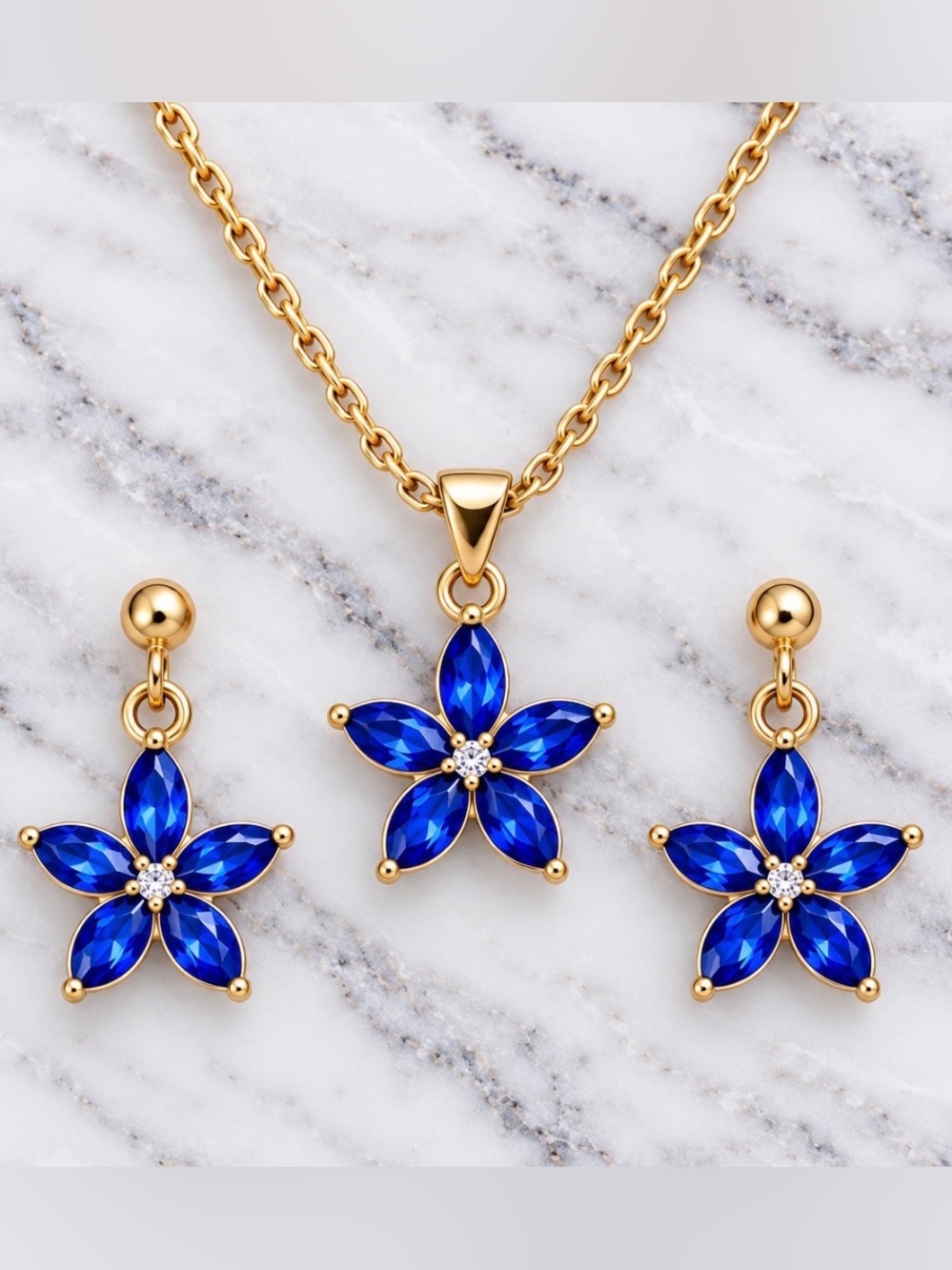 Gold-Plated Blue Floral Pendant Necklace and Earring Set